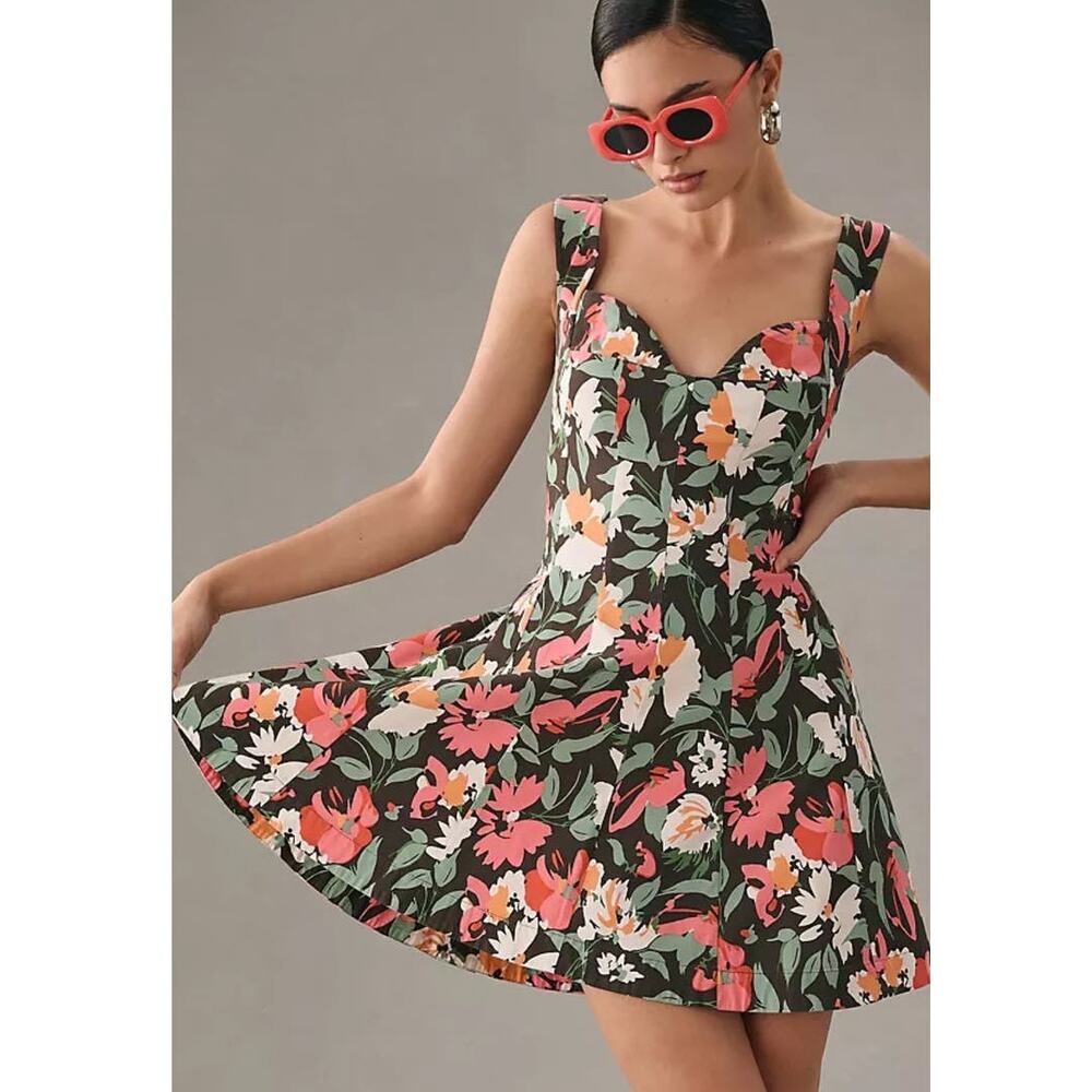 New Anthropologie Sweetheart Floral Mini Dress $180 MEDIUM Black Motif Stretchy